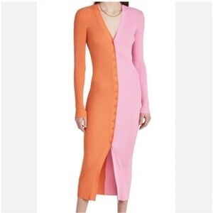 STAUD Two-Tone Ribbed Button-Front Midi Dress in Pink & Orange